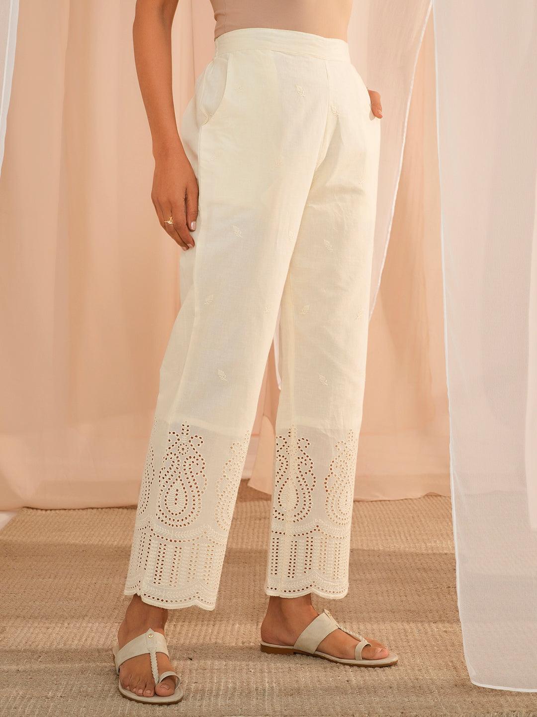 Off White Embroidered Cotton Straight Fit Palazzos - Libas