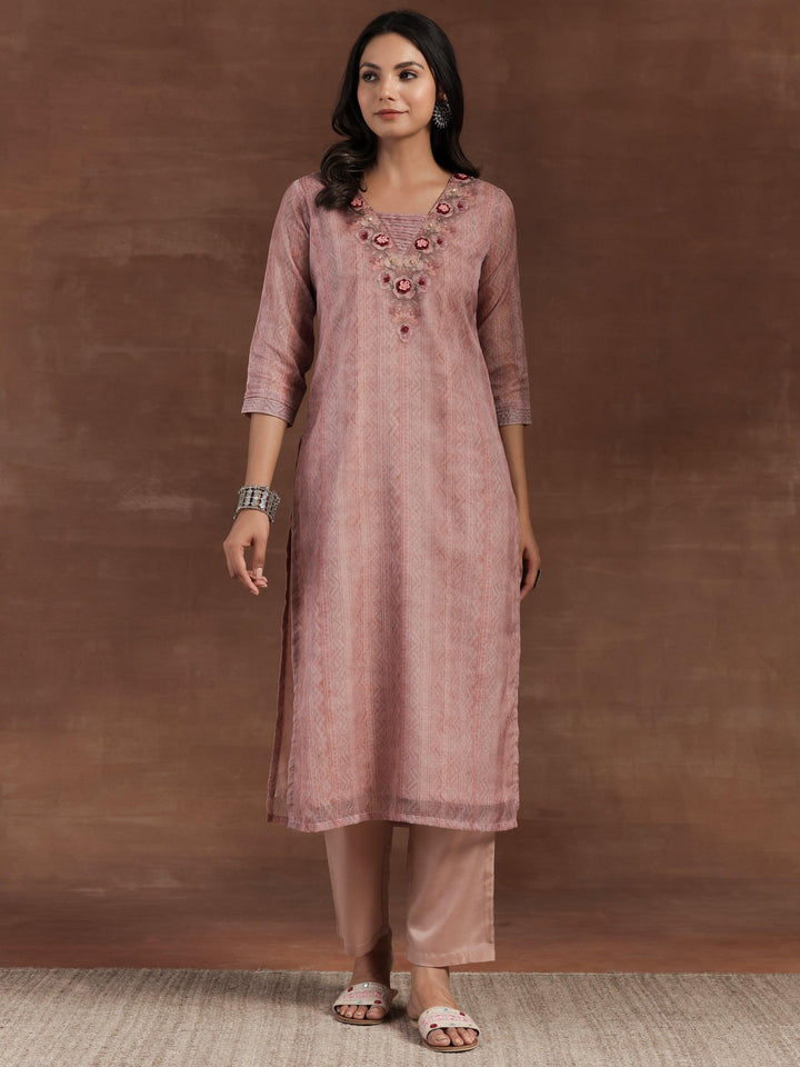 Pink Printed Organza Straight Suit With Dupatta - Libas