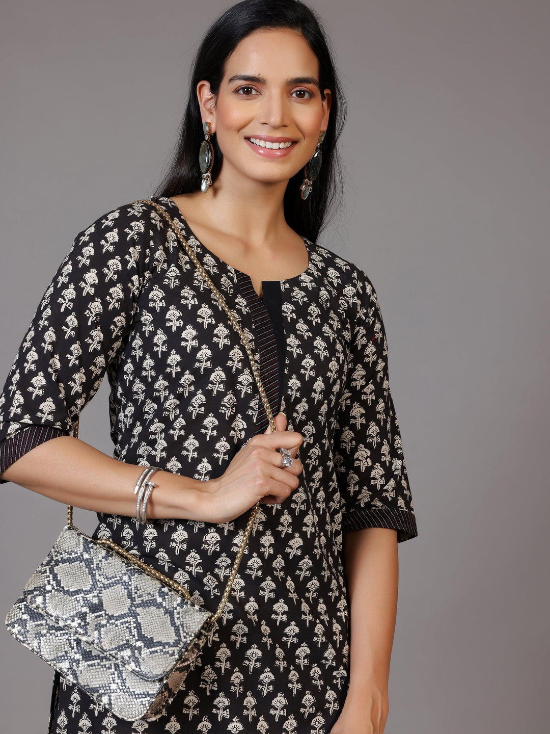 Black Printed Cotton Straight Kurta - Libas