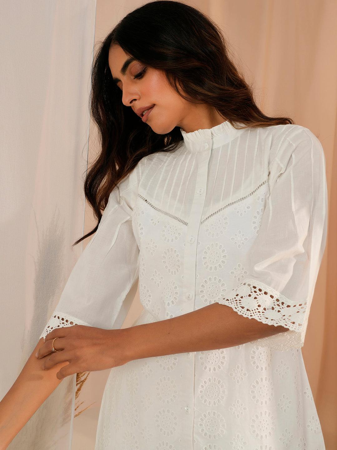 White Embroidered Cotton Straight Kurti - Libas