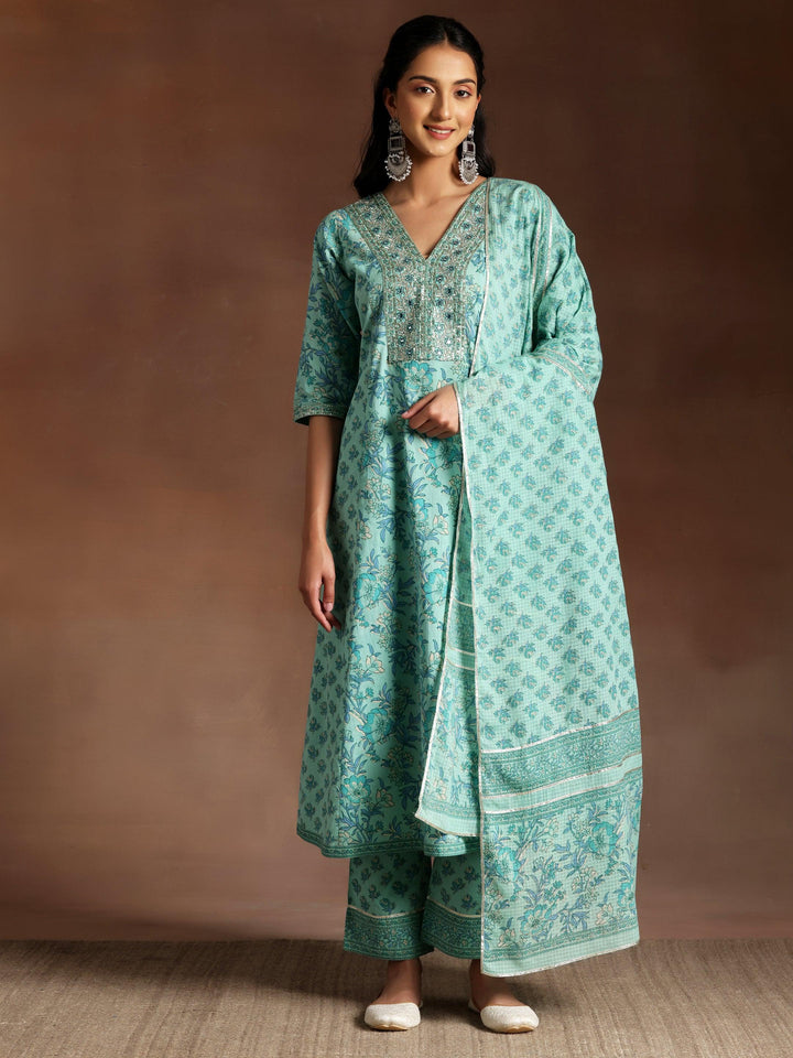 Turquoise Printed Cotton A-Line Kurta With Palazzos & Dupatta - Libas