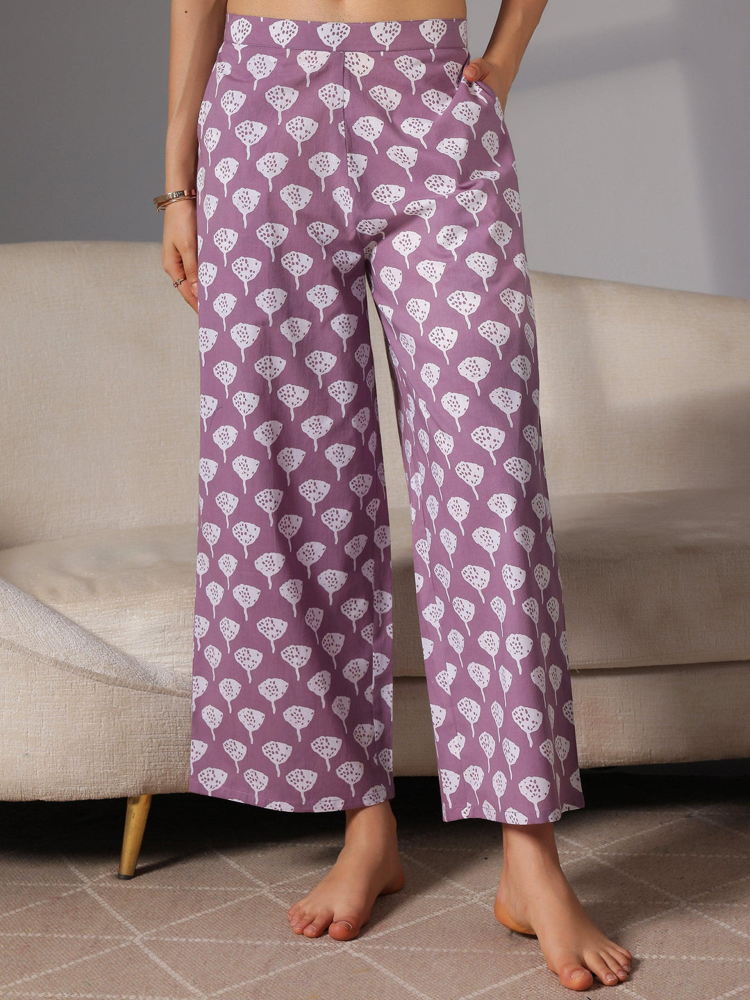 Purple Printed Cotton Night Suits - Libas 