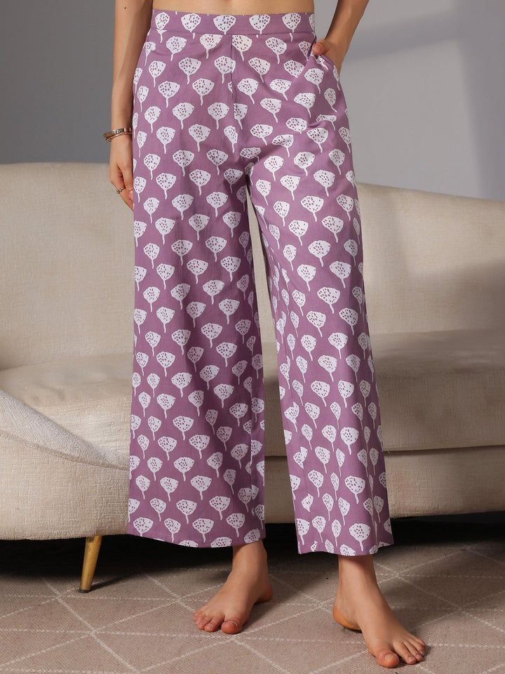 Purple Printed Cotton Night Suits - Libas