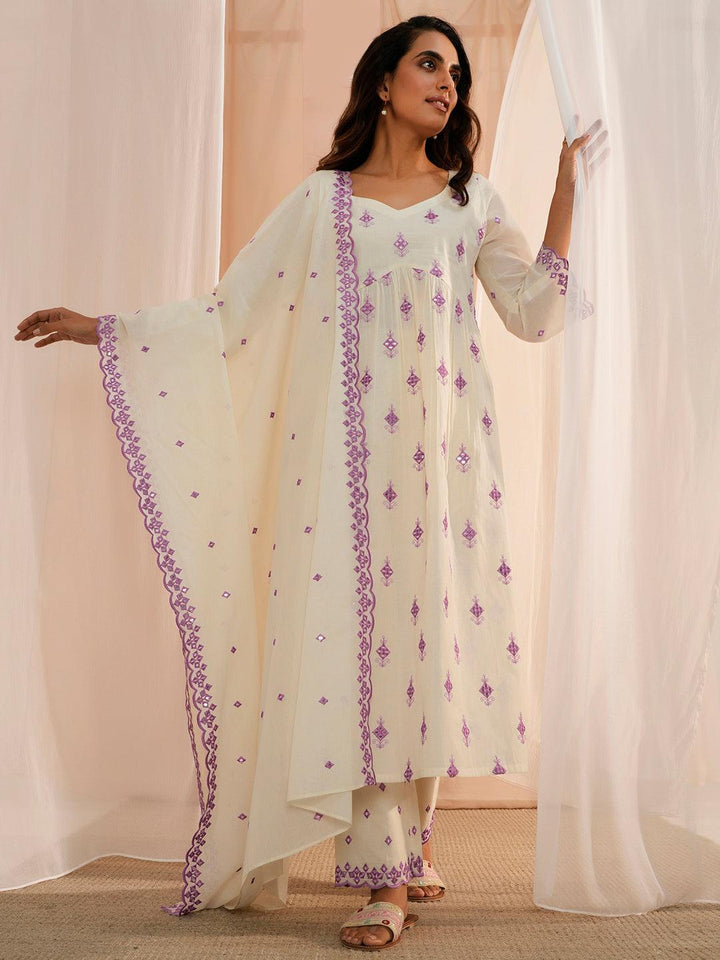 Off White Embroidered Cotton Anarkali Suit With Dupatta - Libas