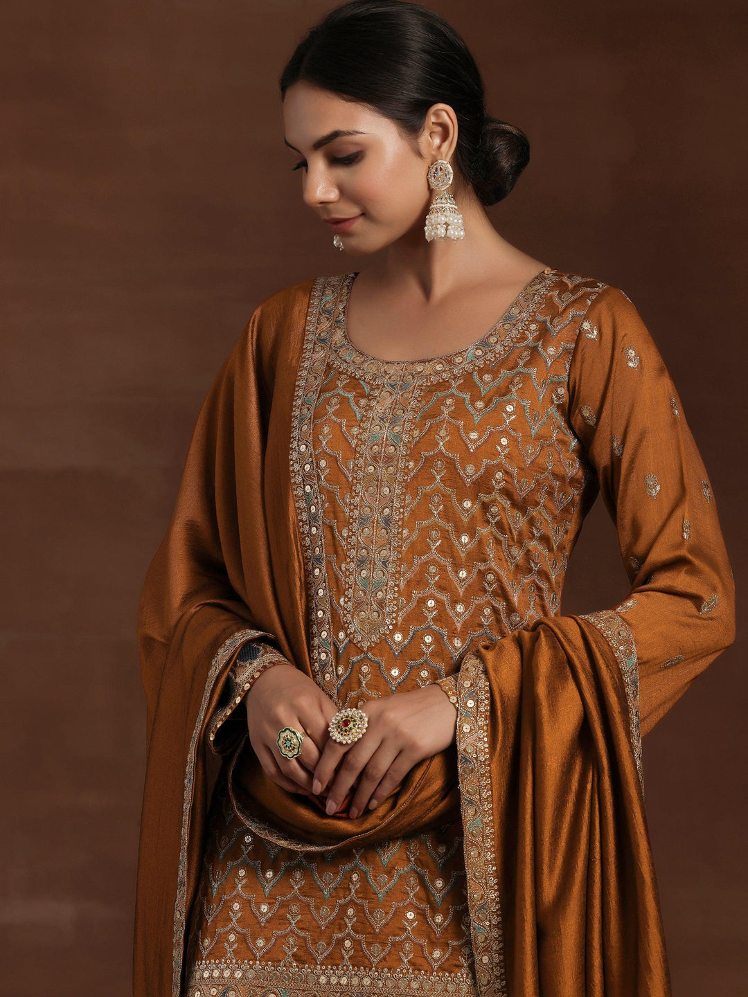 Rust Embroidered Silk Blend Straight Kurta With Palazzos & Dupatta - Libas 