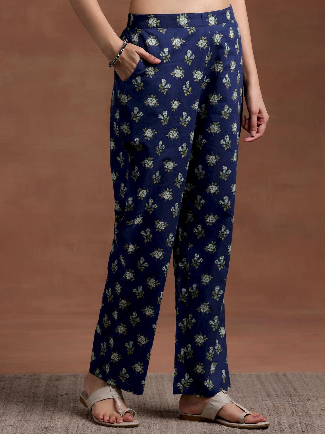 Blue Printed Cotton A-Line Kurta With Trousers - Libas 