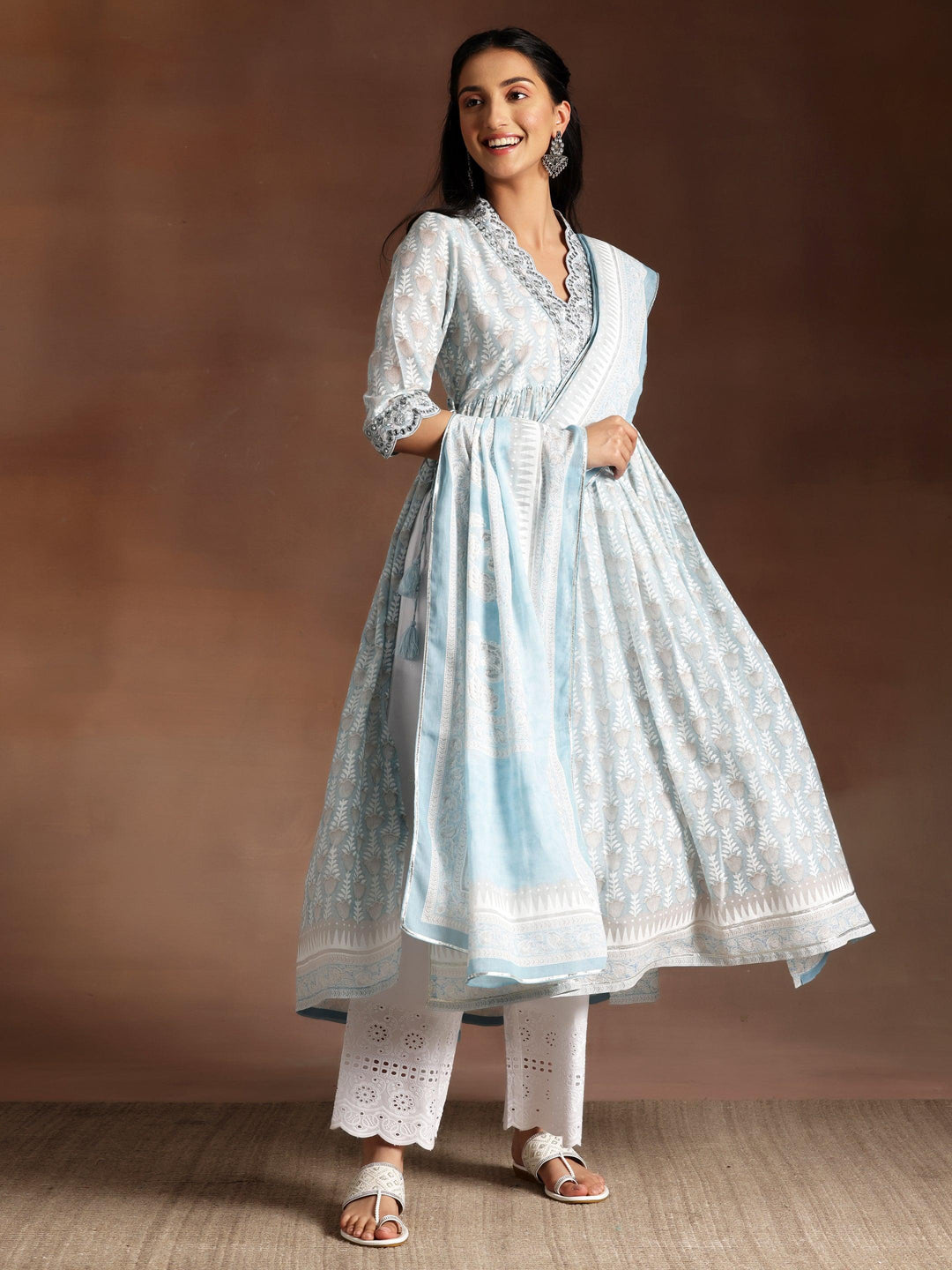 Grey Printed Cotton A-Line Kurta With Palazzos & Dupatta - Libas 