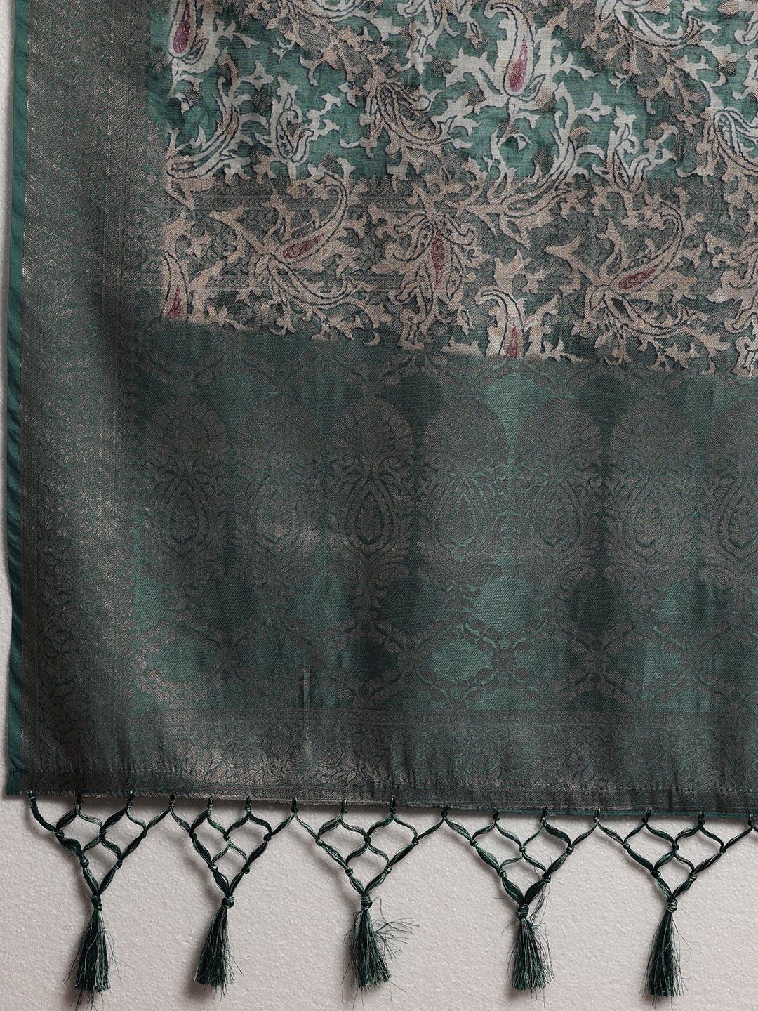 Green Woven Design Brocade Saree With Unstitched Blouse Piece - Libas