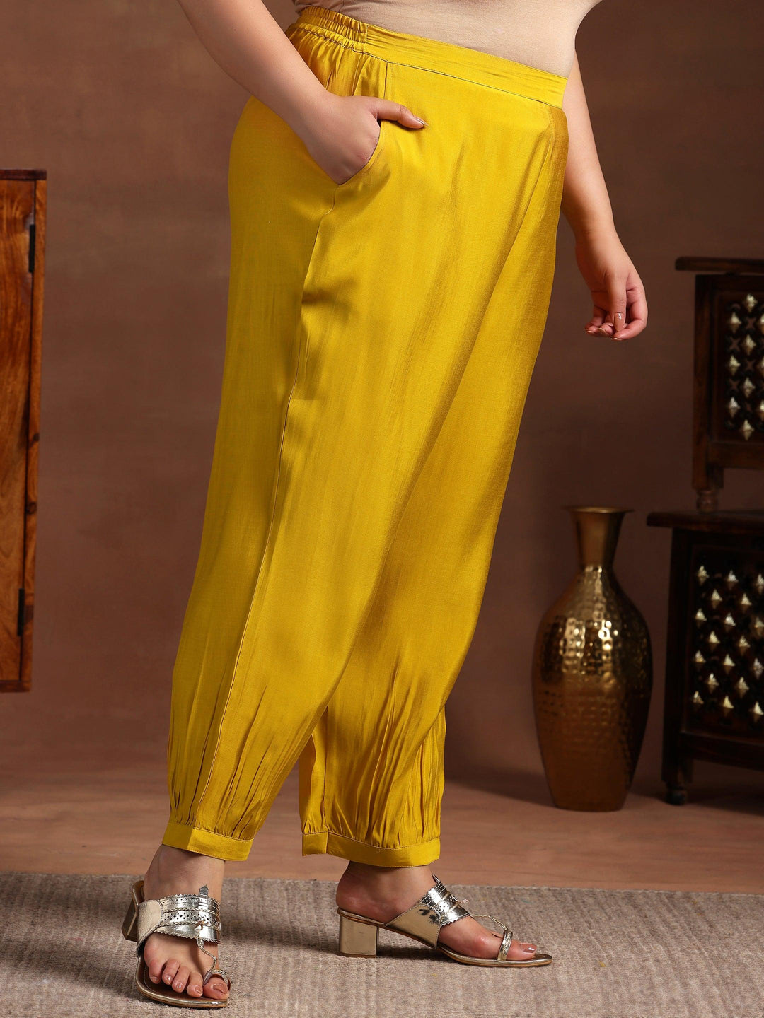 Plus Size Yellow Yoke Design Silk Blend Straight Kurta Set - Libas