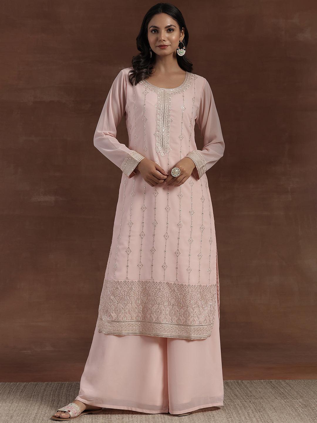 Peach Embroidered Georgette Straight Suit With Dupatta - Libas 