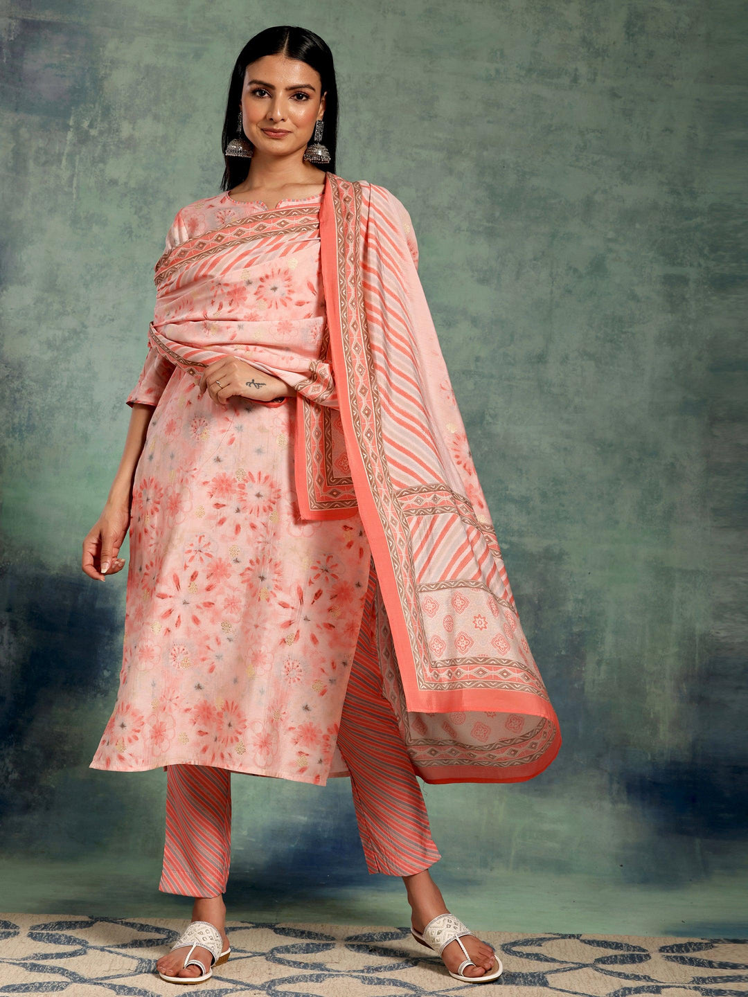 Peach Printed Silk Blend Straight Suit With Dupatta - Libas