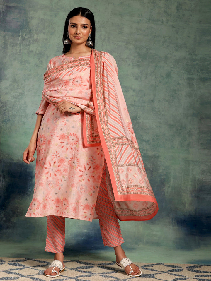 Peach Printed Silk Blend Straight Suit With Dupatta - Libas