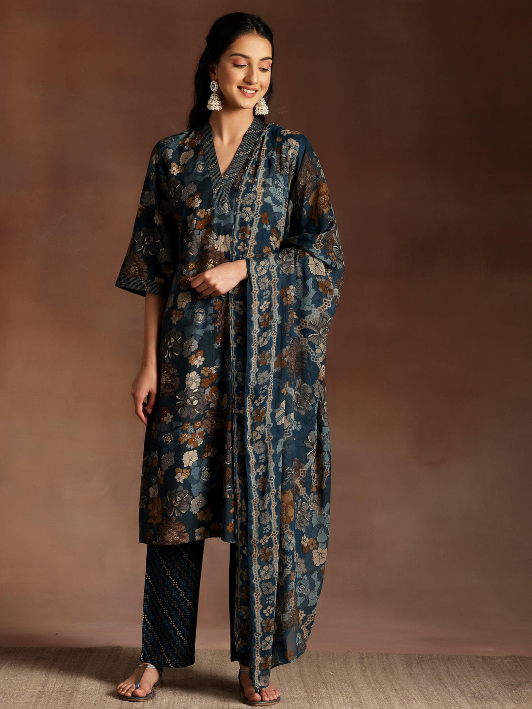 Blue Printed Silk Blend Straight Suit With Dupatta - Libas 