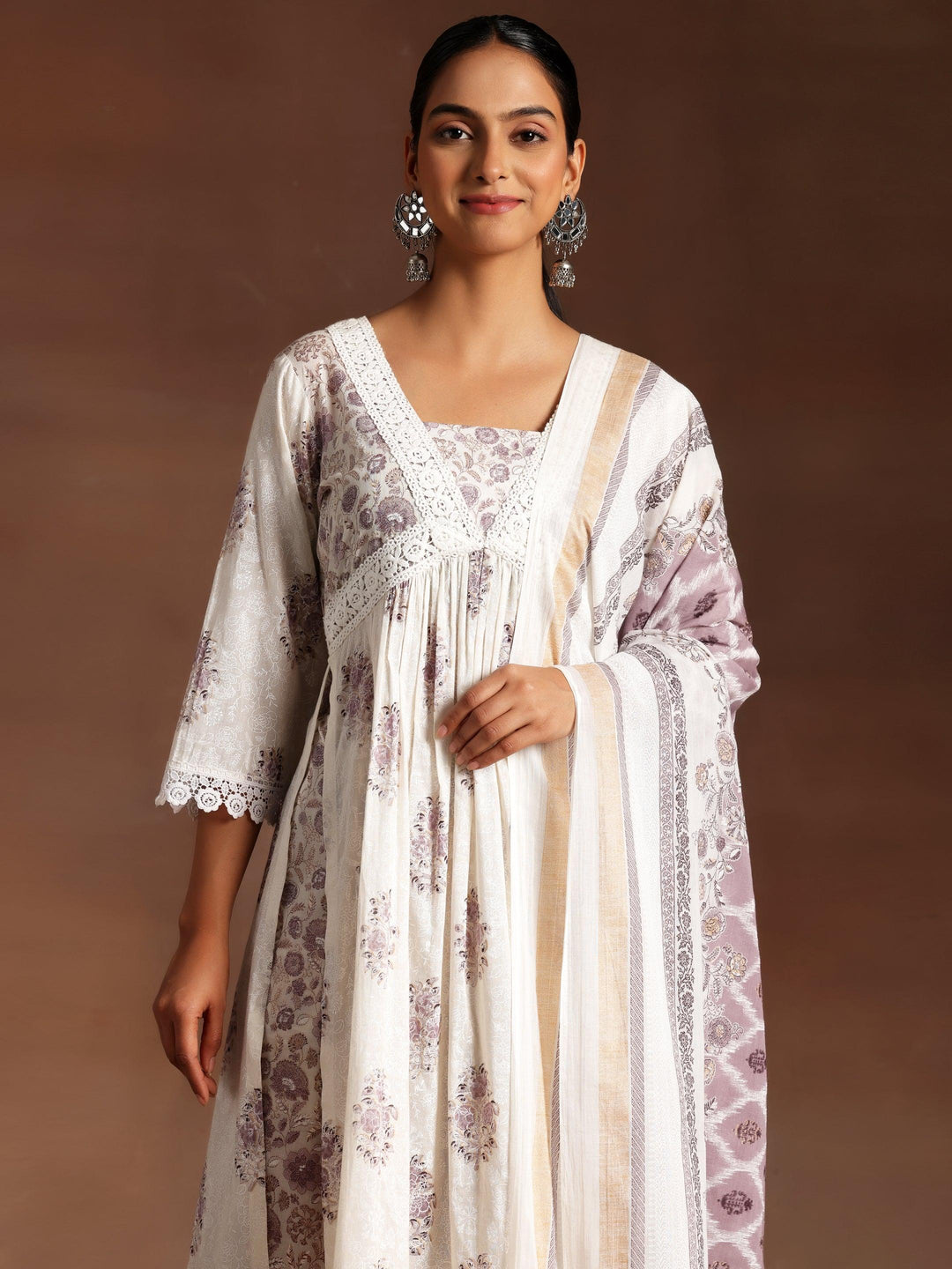 Jannat White Printed Cotton A-Line Kurta With Salwar & Dupatta - Libas