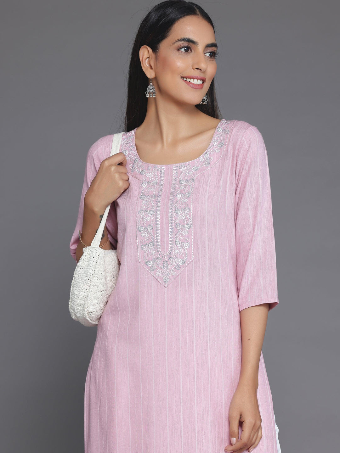 Pink Woven Design Rayon Straight Kurta - Libas