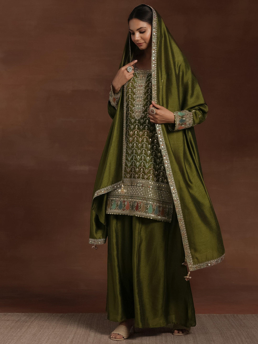 Olive Embroidered Silk Blend Straight Kurta With Palazzos & Dupatta - Libas 