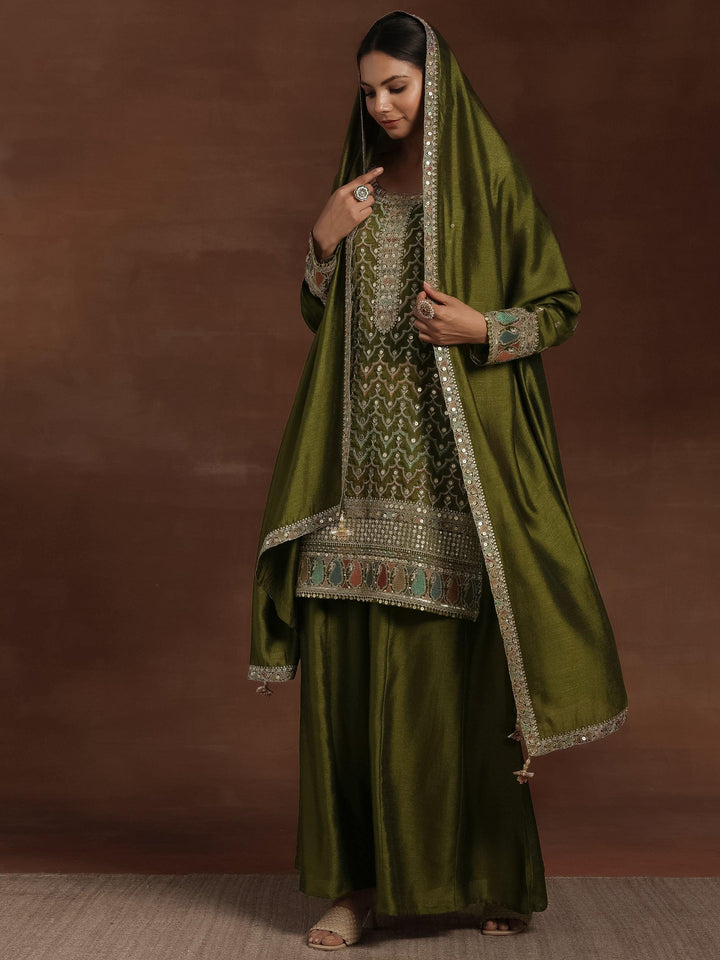 Olive Embroidered Silk Blend Straight Kurta With Palazzos & Dupatta - Libas