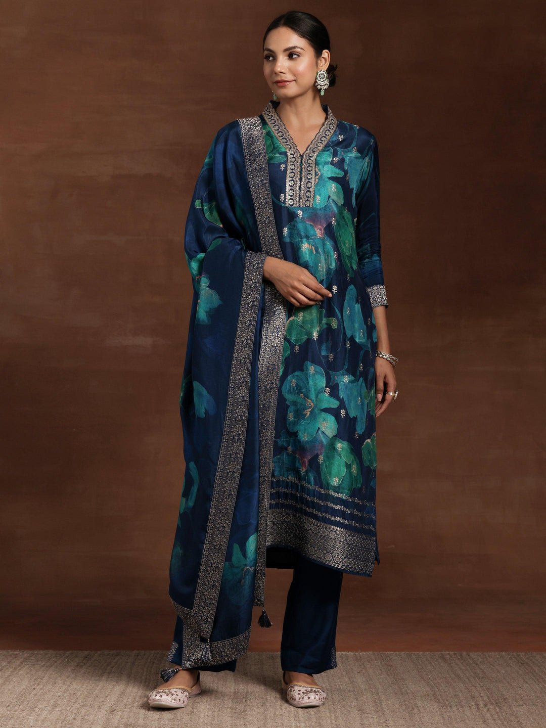 Blue Printed Silk Blend Straight Suit With Dupatta - Libas 