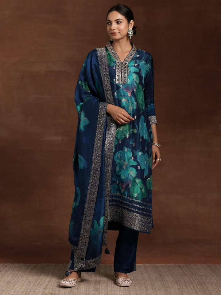 Blue Printed Silk Blend Straight Suit With Dupatta - Libas