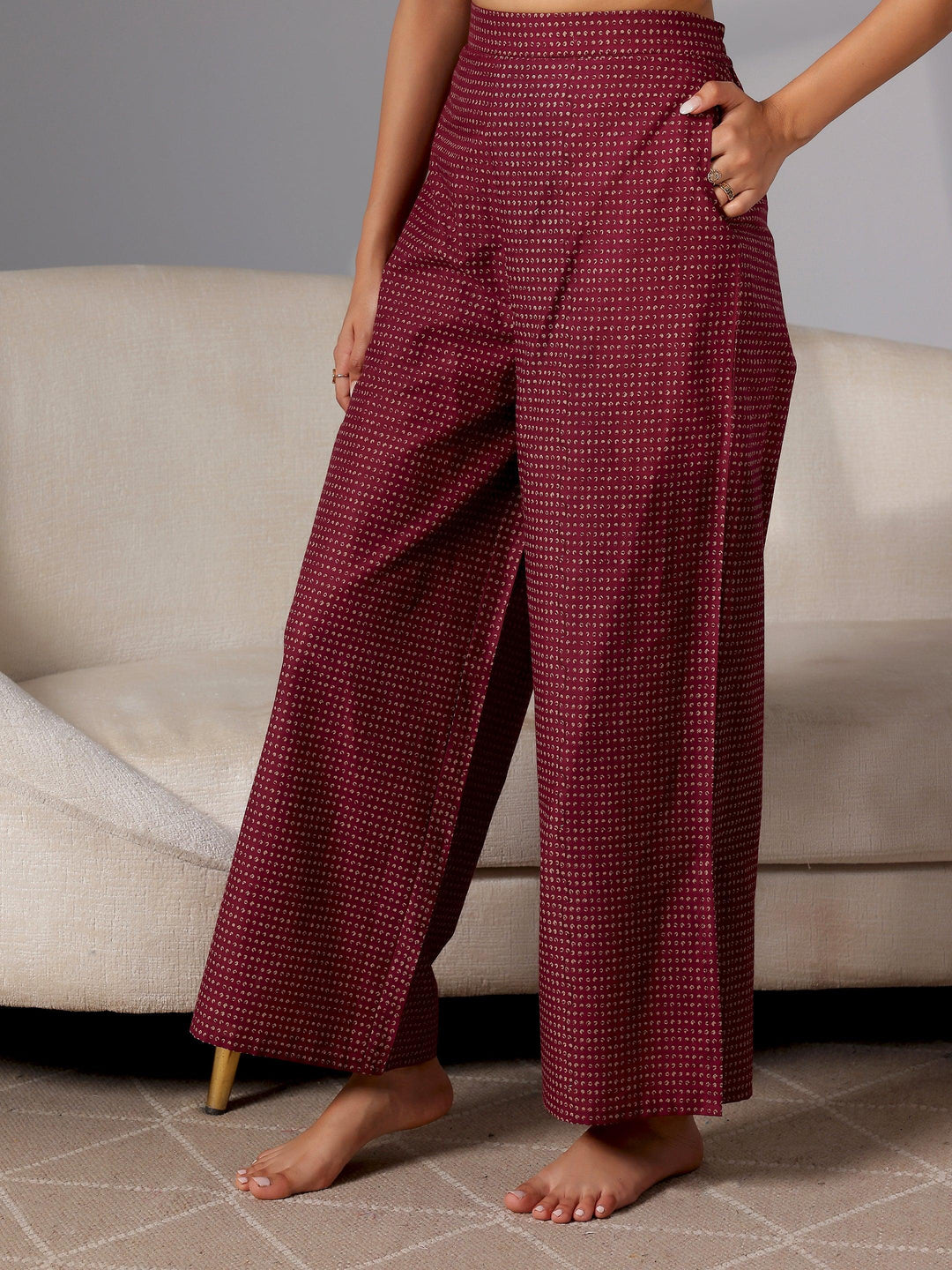 Wine Printed Cotton Night Suits - Libas 