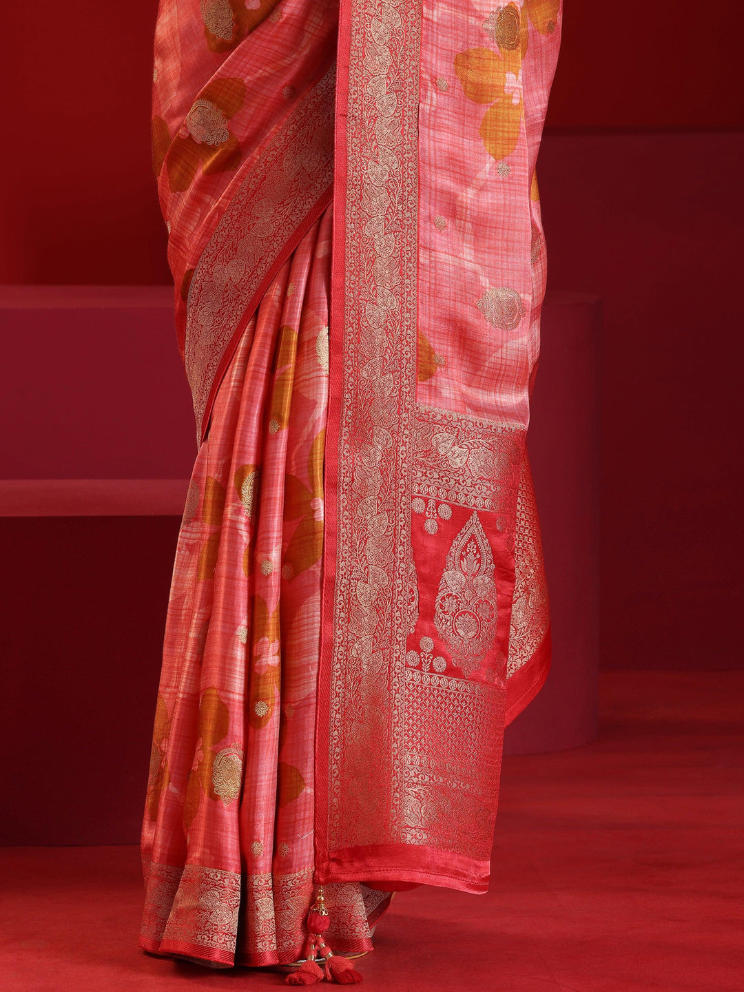 Libas Art Peach Printed Satin Saree With Unstitched Blouse Piece - Libas 