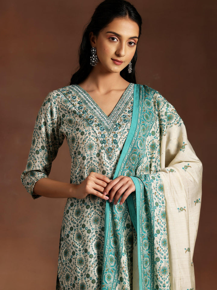 Blue Printed Silk Blend Straight Suit With Dupatta - Libas