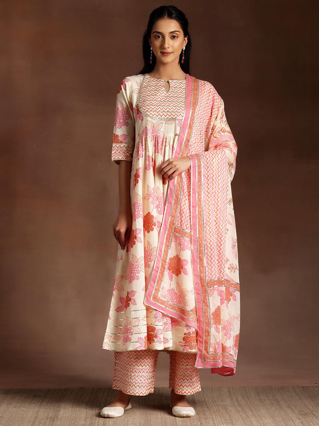 Orange Printed Cotton Anarkali Suit With Dupatta - Libas 