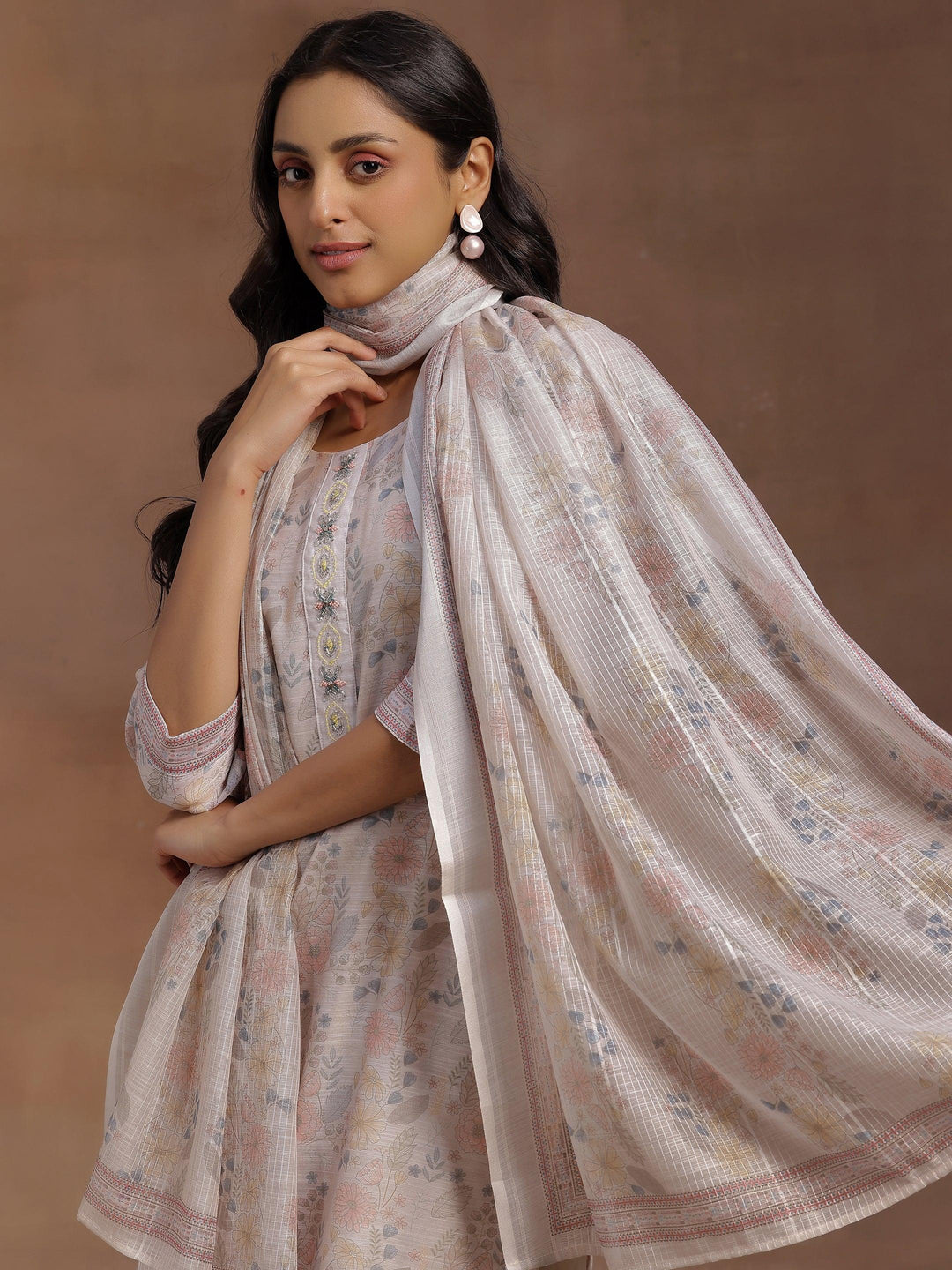 Beige Printed Chanderi Silk Straight Suit With Dupatta - Libas 