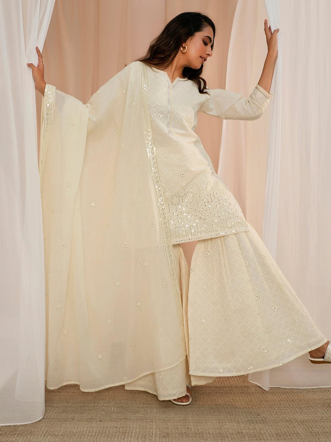 Off White Embroidered Cotton Straight Suit With Dupatta - Libas 