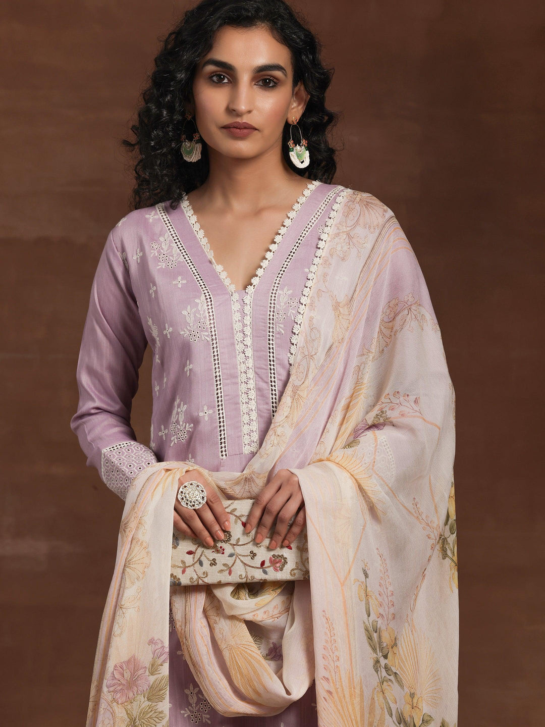 Lilac Embroidered Silk Blend Straight Suit With Dupatta - Libas