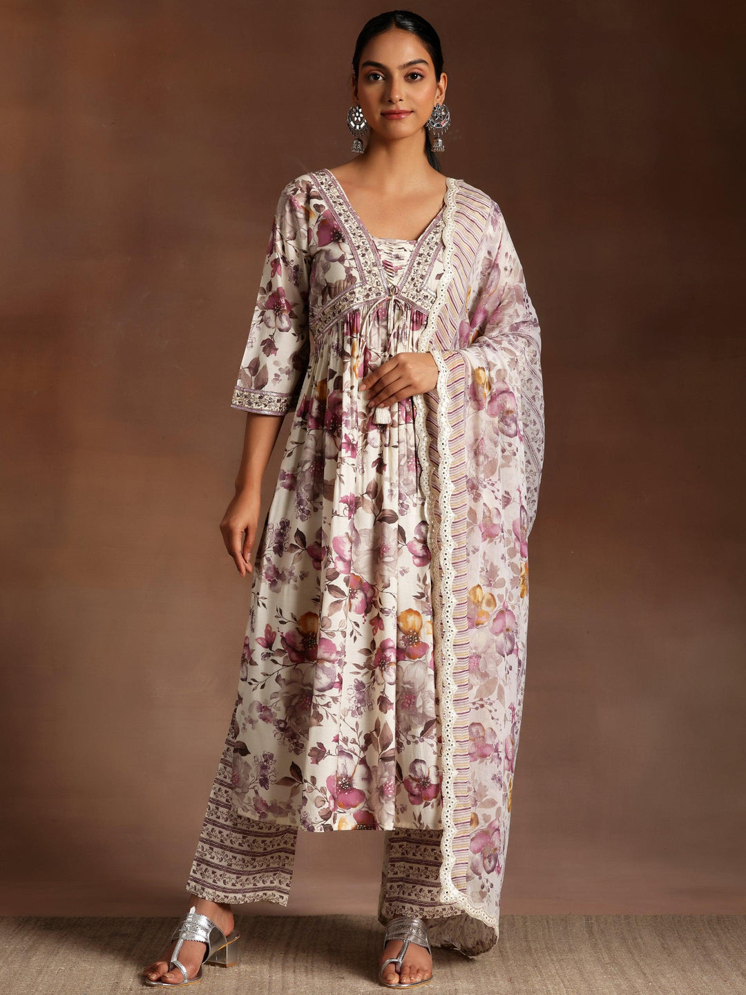 Hoor Burgundy Printed Silk Blend A-Line Kurta With Palazzos & Dupatta - Libas