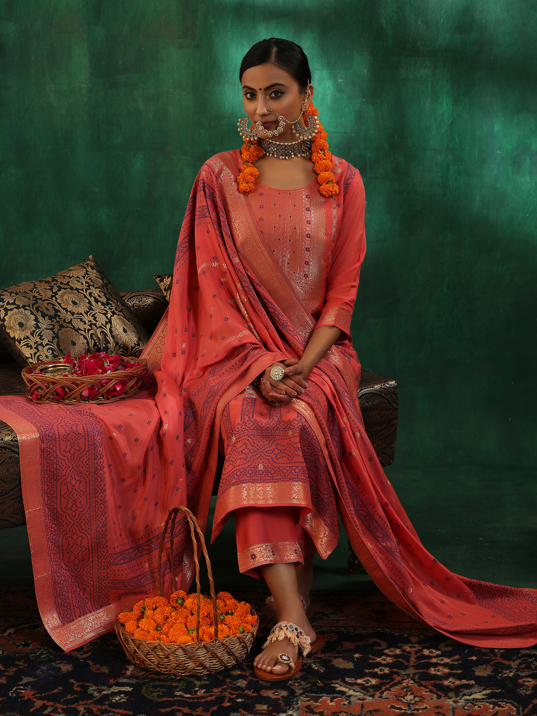  Peach Woven Design Silk Blend Straight Suit With Dupatta 