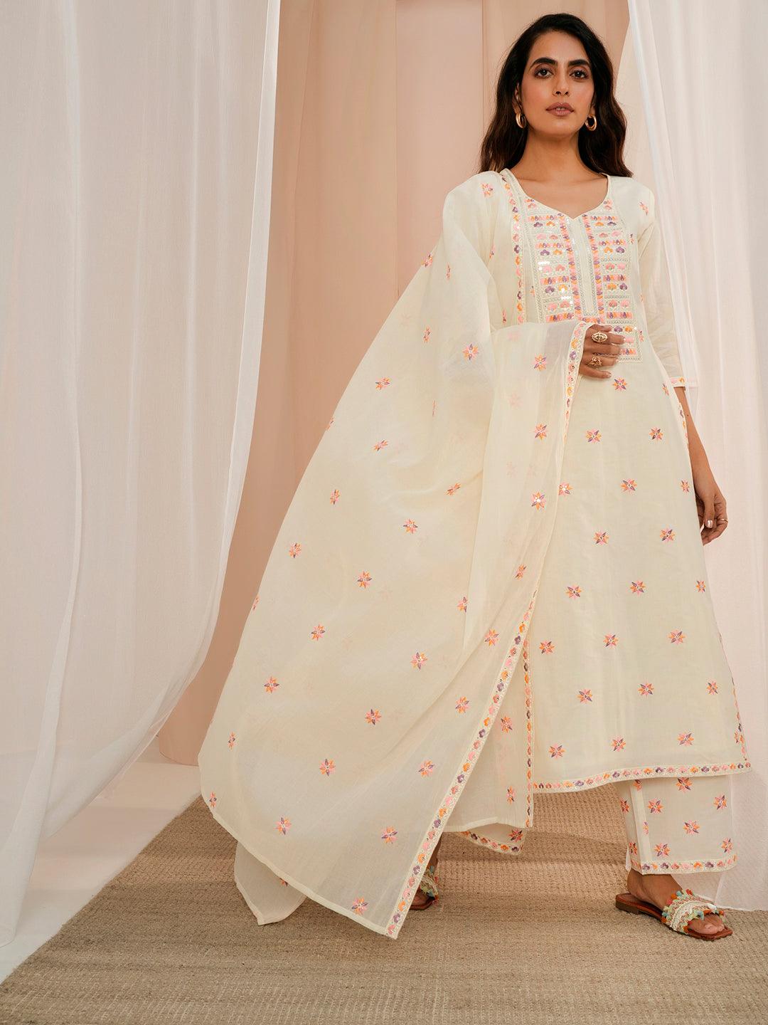 Off White Embroidered Cotton Straight Suit With Dupatta - Libas 