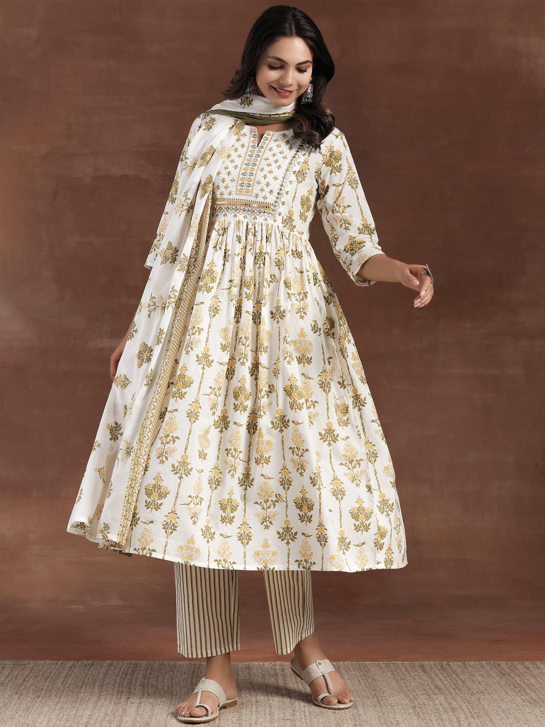 Off White Printed Cotton Anarkali Suit With Dupatta - Libas 