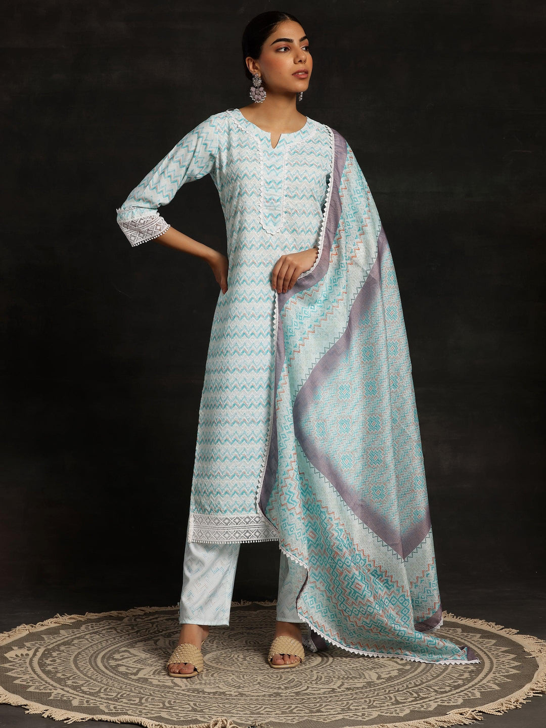 Blue Embroidered Cotton Straight Suit With Dupatta - Libas