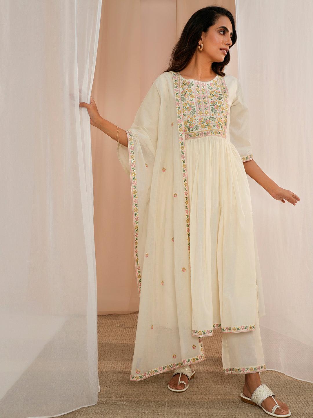 Off White Yoke Design Cotton A-Line Kurta With Palazzos & Dupatta - Libas