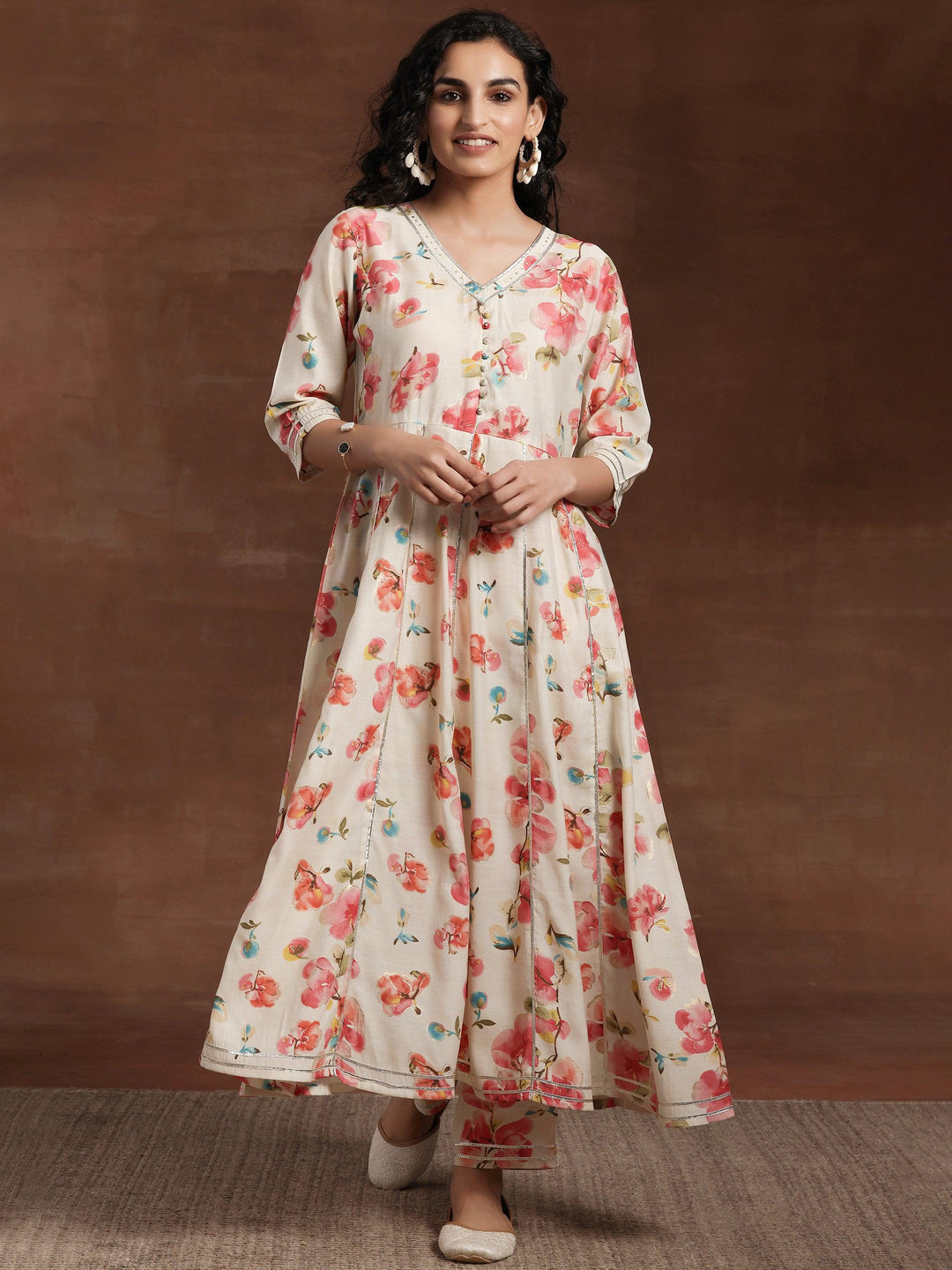 Off White Printed Silk Blend Anarkali Kurta Set - Libas 