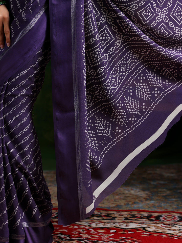 Purple Printed Satin Saree With Unstitched Blouse Piece - Libas