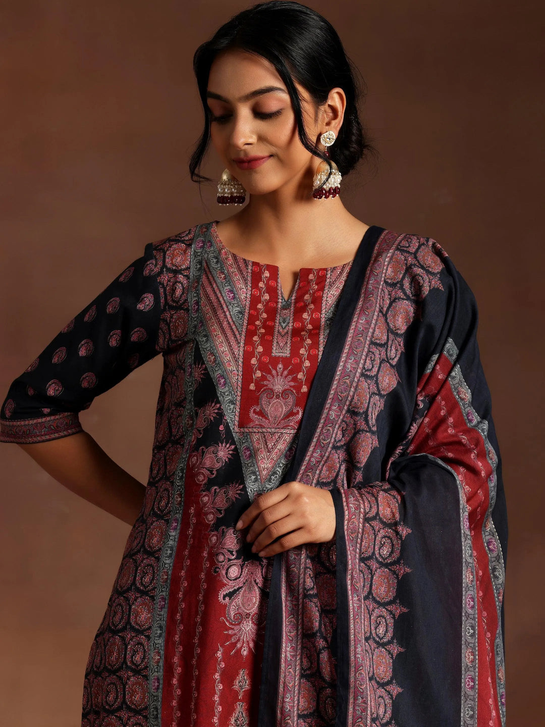 Black Printed Cotton Straight Suit With Dupatta - Libas 