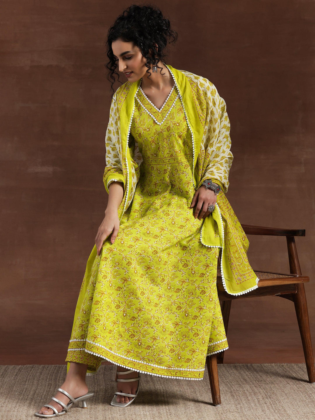 Green Printed Cotton Anarkali Suit With Dupatta - Libas 