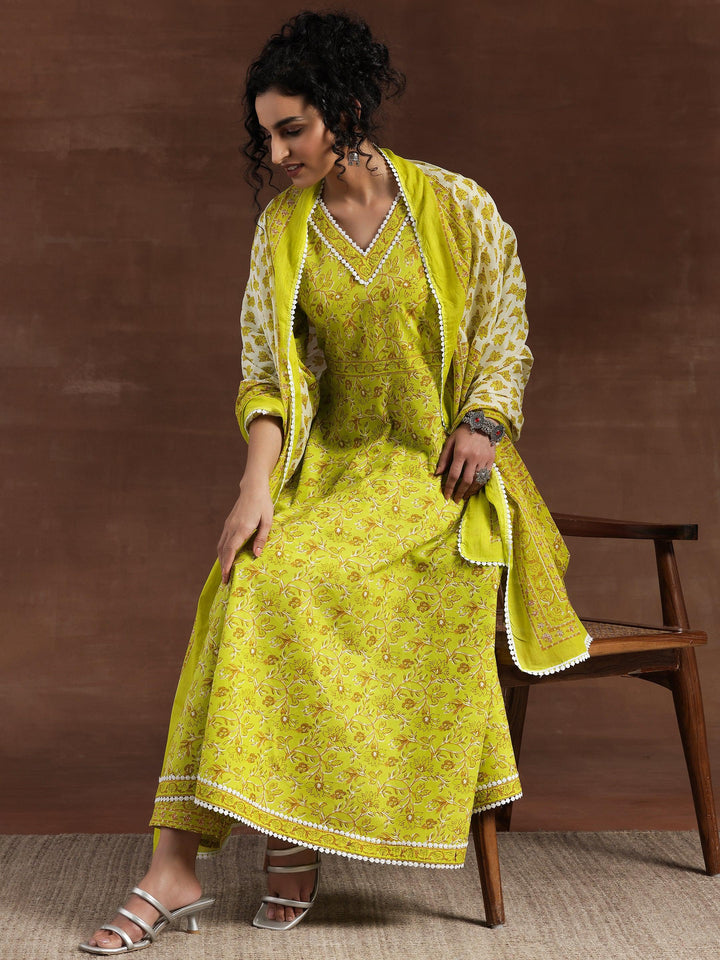 Green Printed Cotton Anarkali Suit With Dupatta - Libas