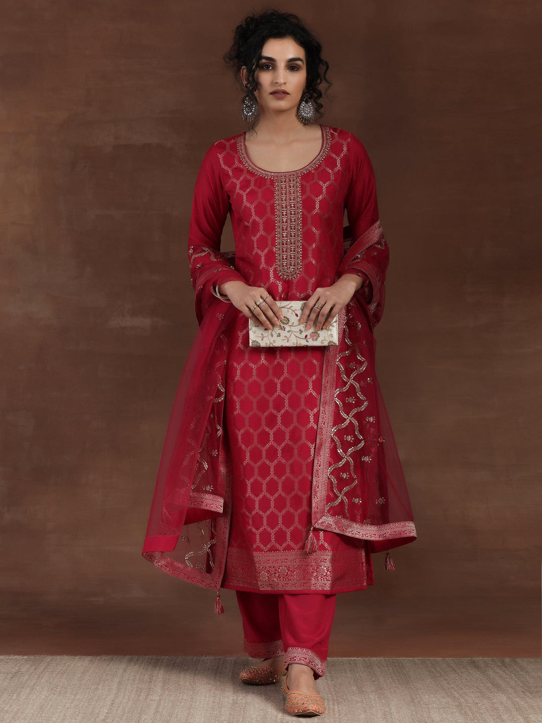 Pink Woven Design Silk Blend Straight Suit With Dupatta - Libas 