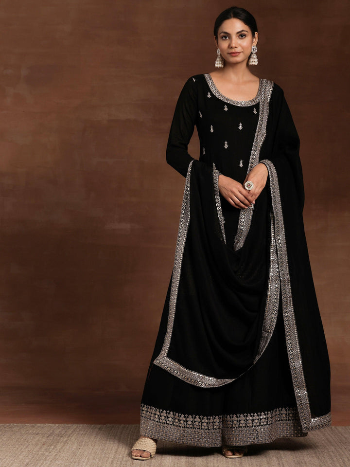 Black Embroidered Silk Blend Straight Suit With Dupatta - Libas