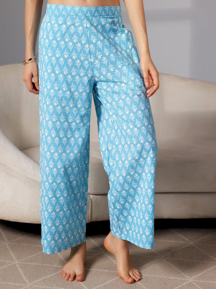 Blue Printed Cotton Night Suits - Libas