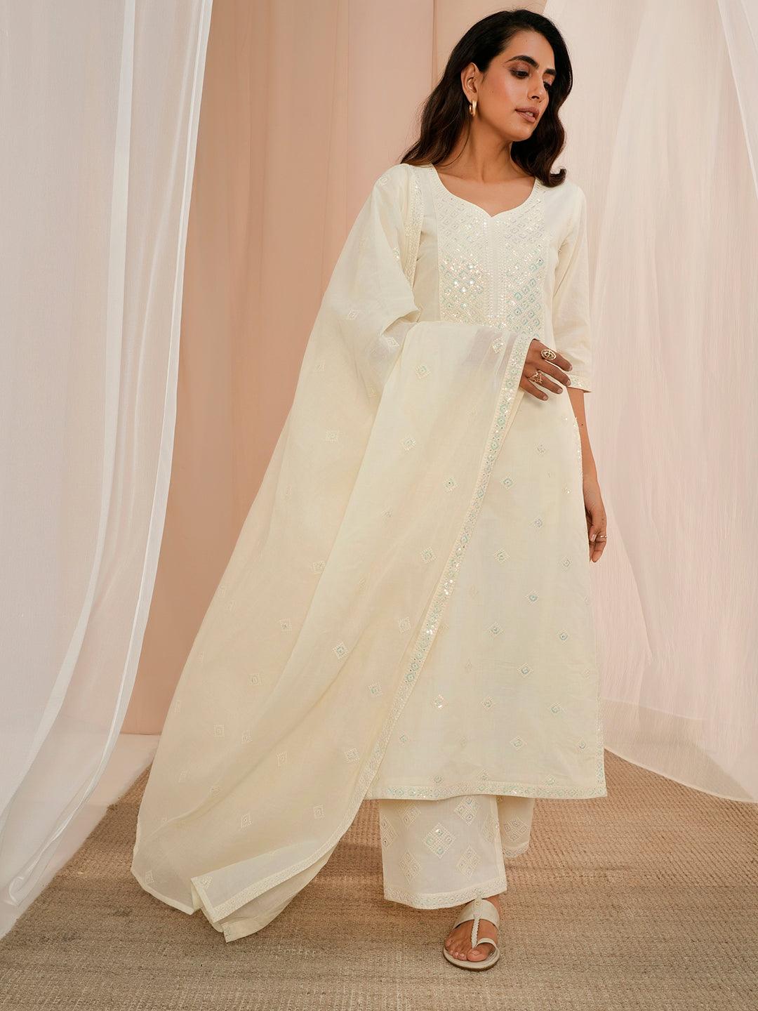 Off White Embroidered Cotton Straight Suit With Dupatta - Libas 