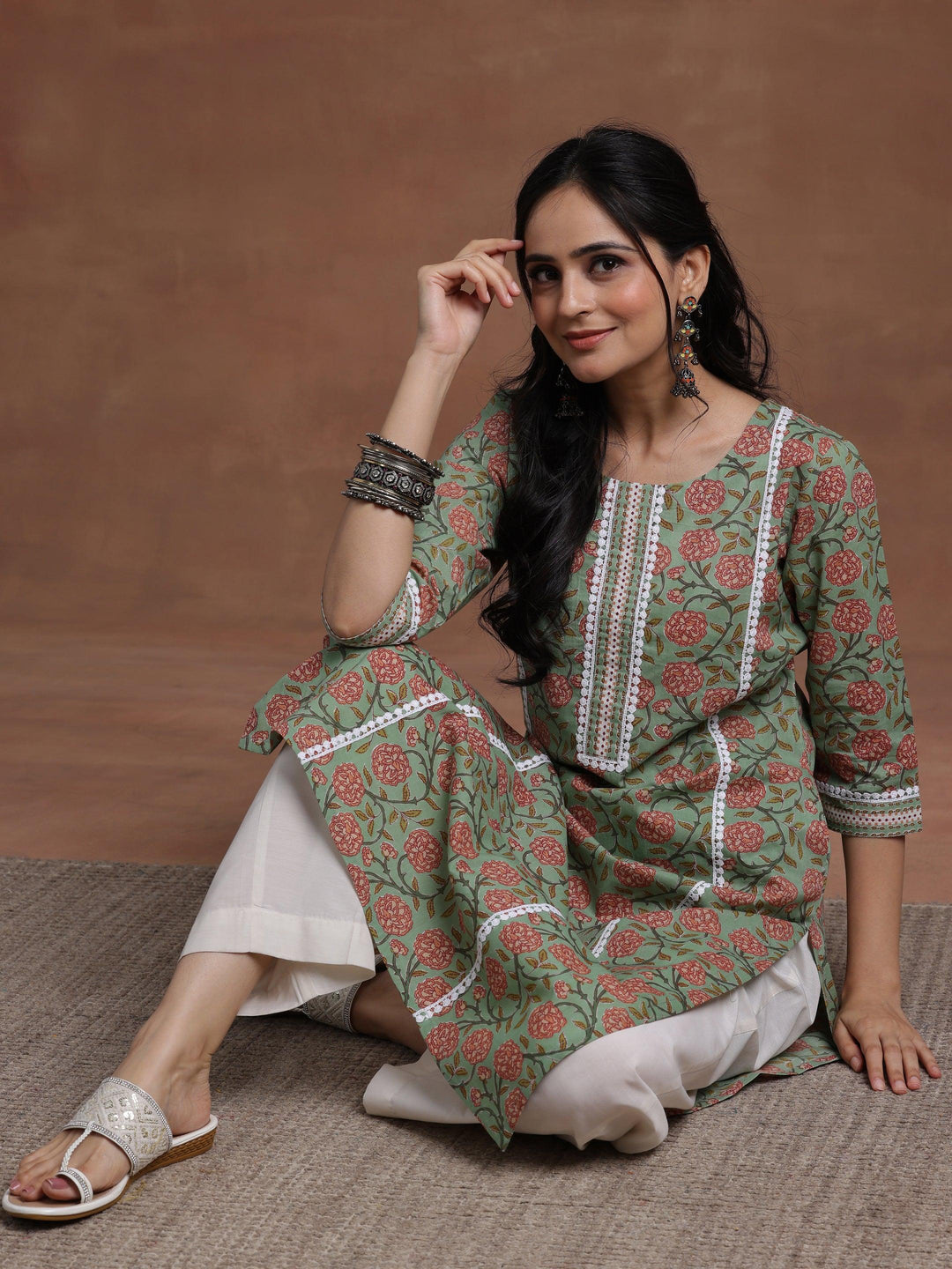 Green Printed Cotton Straight Kurta - Libas