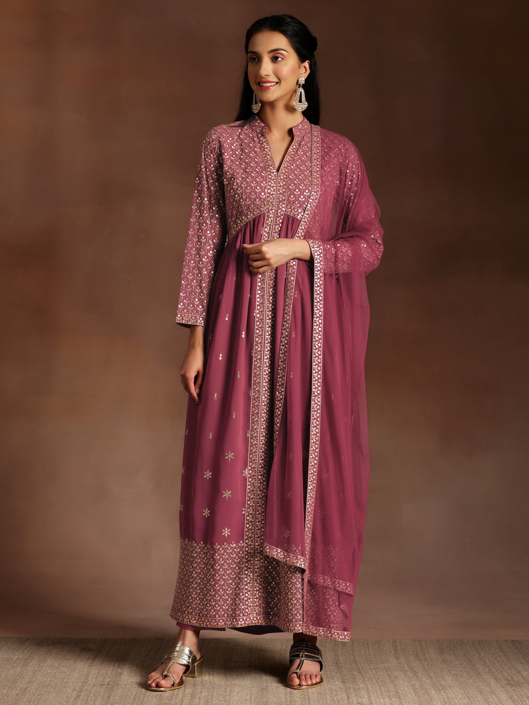  Libas Art Chandni Mauve Embroidered Georgette A-Line Kurta With Trousers & Dupatta 