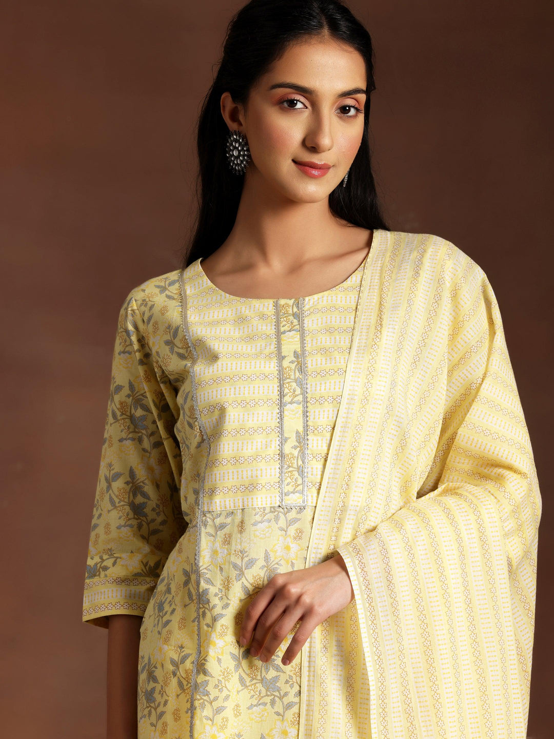 Yellow Printed Cotton Straight Suit With Dupatta - Libas 