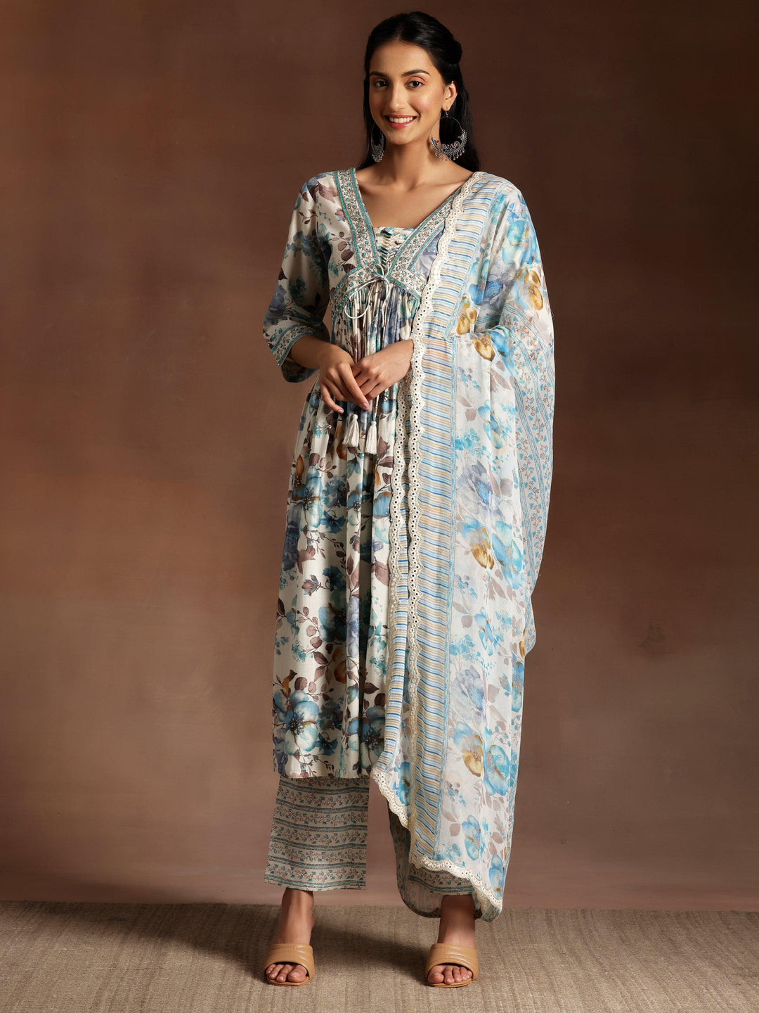 Off white Printed Silk Blend A-Line Kurta With Palazzos & Dupatta - Libas 