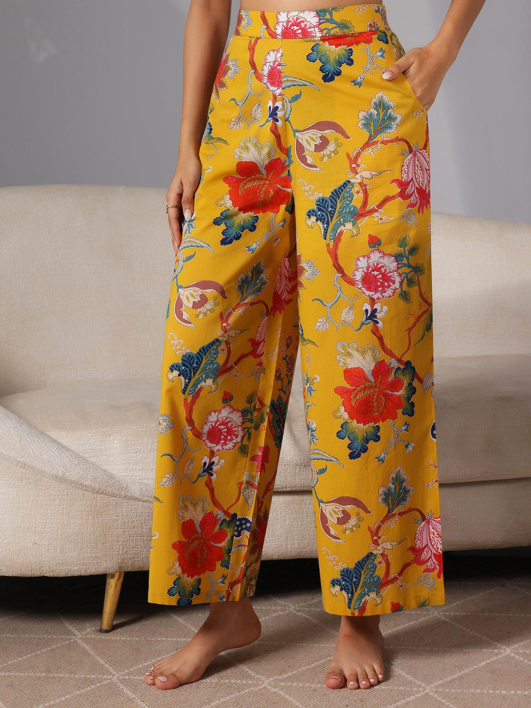 Mustard Printed Cotton Night Suits - Libas 